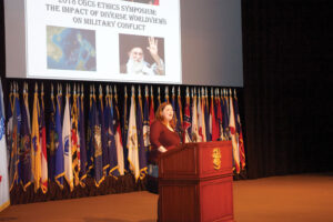 Dr. Shannon E. French, CGSC’s General Hugh Shelton Distinguished Visiting Chair of Ethics, delivers the 2018 Fort Leavenworth Ethics Symposium closing keynote address May 1, 2018.