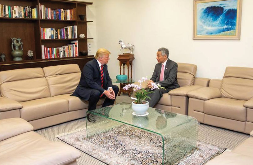 After initial meet/greet activities on June 11 in preparation for the U.S.-North Korea summit, U.S. President Donald Trump and Singapore Prime Minister Lee Hsien Loong have private conversation. 