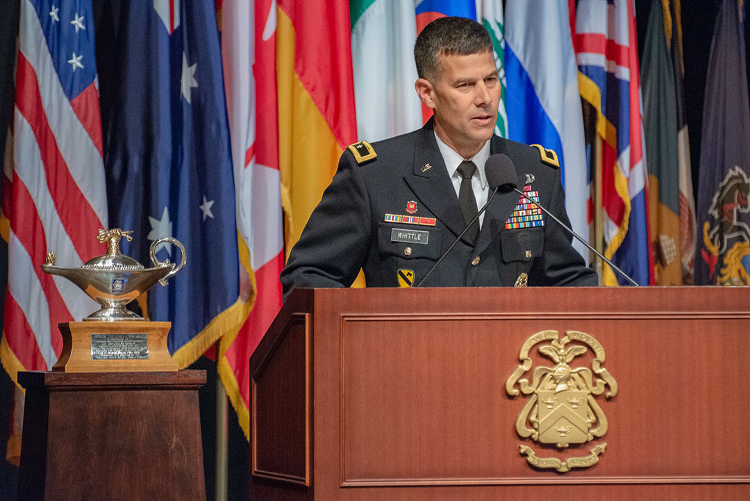 Brig. Gen. Robert F. Whittle, Jr., a graduate of the SAMS Class of 2003 and commandant of the U.S. Army Engineer School at Fort Leonard Wood, delivers remarks during the SAMS graduation ceremony May 23, 2019.