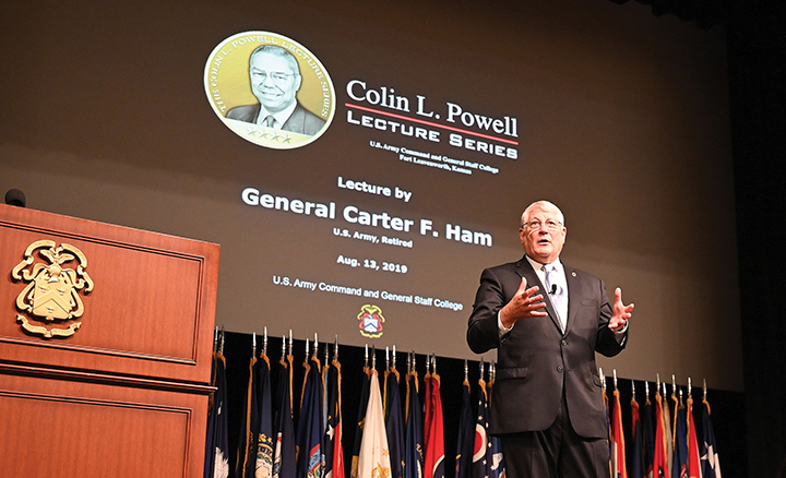 Gen. Carter F. Ham delivers remarks for the Powell Lecture in the Eisenhower Auditorium of the Lewis and Clark Center on Fort Leavenworth Aug. 13, 2019.