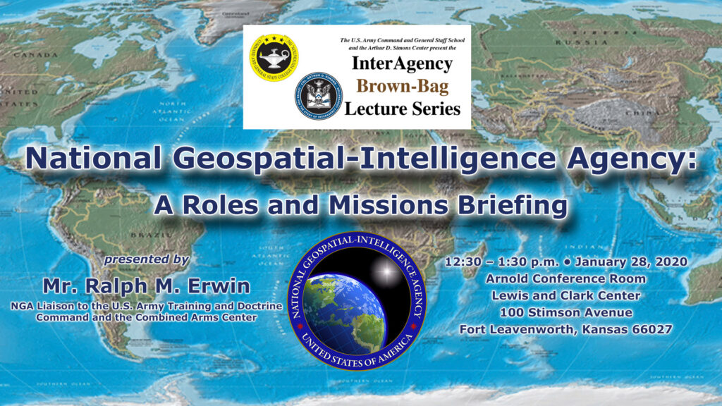 composite image with global map background with NGA seal and the date/time of the next interagency brown-bag lunch on Jan. 28, 2020