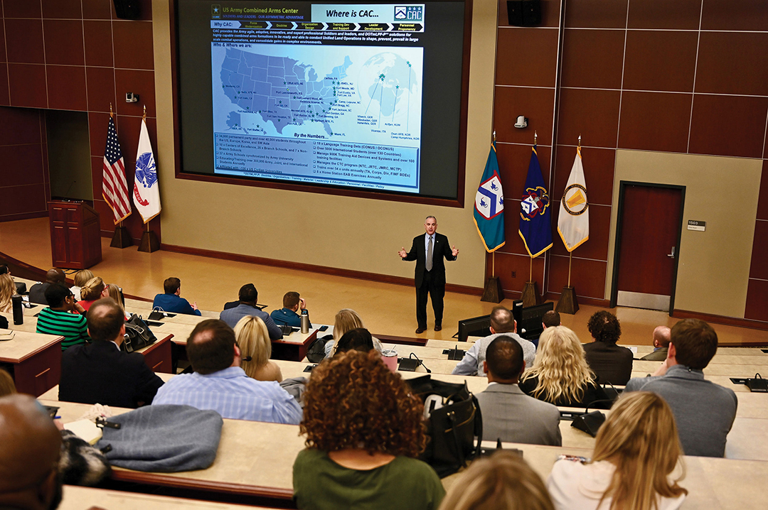 Michael D. Formica, deputy to the commanding general of the Combined Arms Center and Fort Leavenworth, provides a welcome and information briefing for the KC Centurions on March 10, 2020, in Marshall Auditorium of the Lewis and Clark Center.