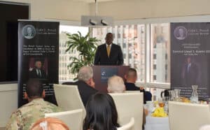 Powell Lecture AUG w Gen. Lloyd J. Austin III, U.S. Army, Ret., speaks at a luncheon in downtown Kansas City hosted by the CGSC Foundation.