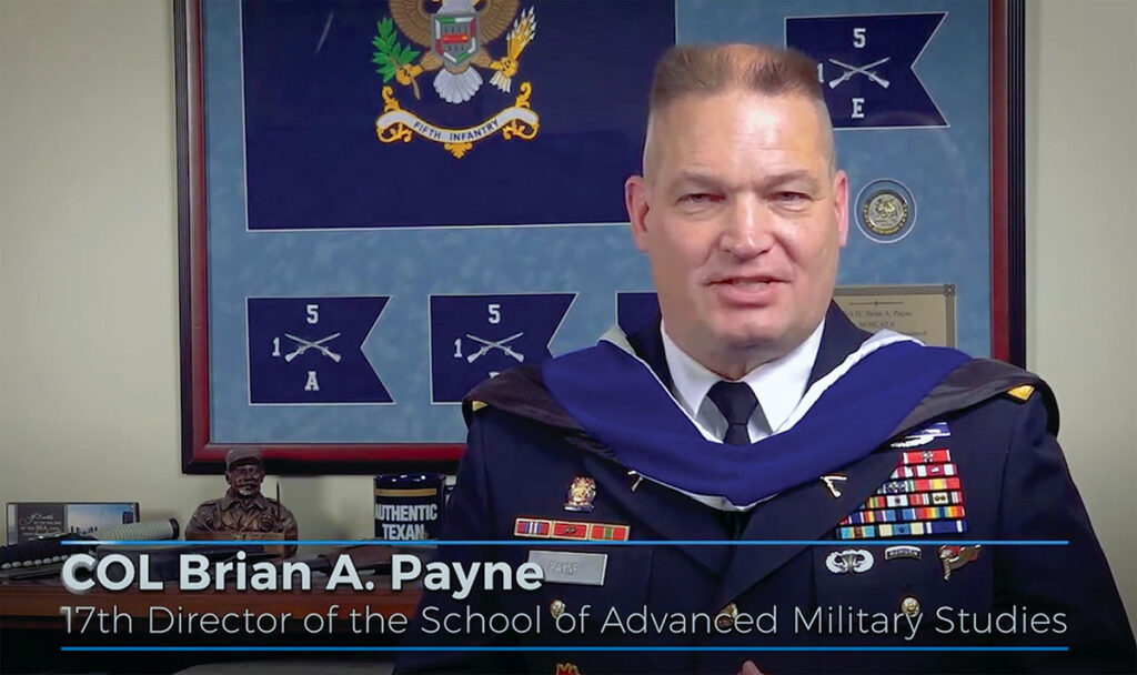 Col. Brian A. Payne, the 17th director of SAMS, provides welcome remarks during the SAMS virtual graduation ceremony May 21, 2020.