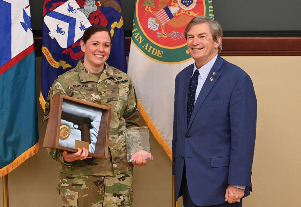 CGSC Foundation Chairman Mike Hockley with Maj. Maj. Sarah M. Gerstein, winner of the CGSOC Class of 2020 Marshall Award for the top graduate in the class.