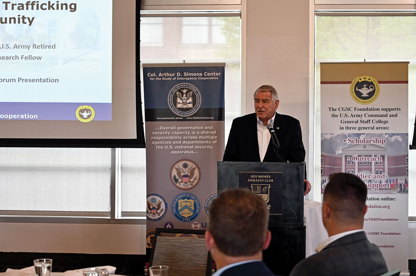 Simons Center Founder and current Director Col. (Ret.) Bob Ulin provides background information about the CGSC Foundation and the Simons Center during the Simons Center National Security Forum at the Des Moines Embassy Club West on May 20, 2021.