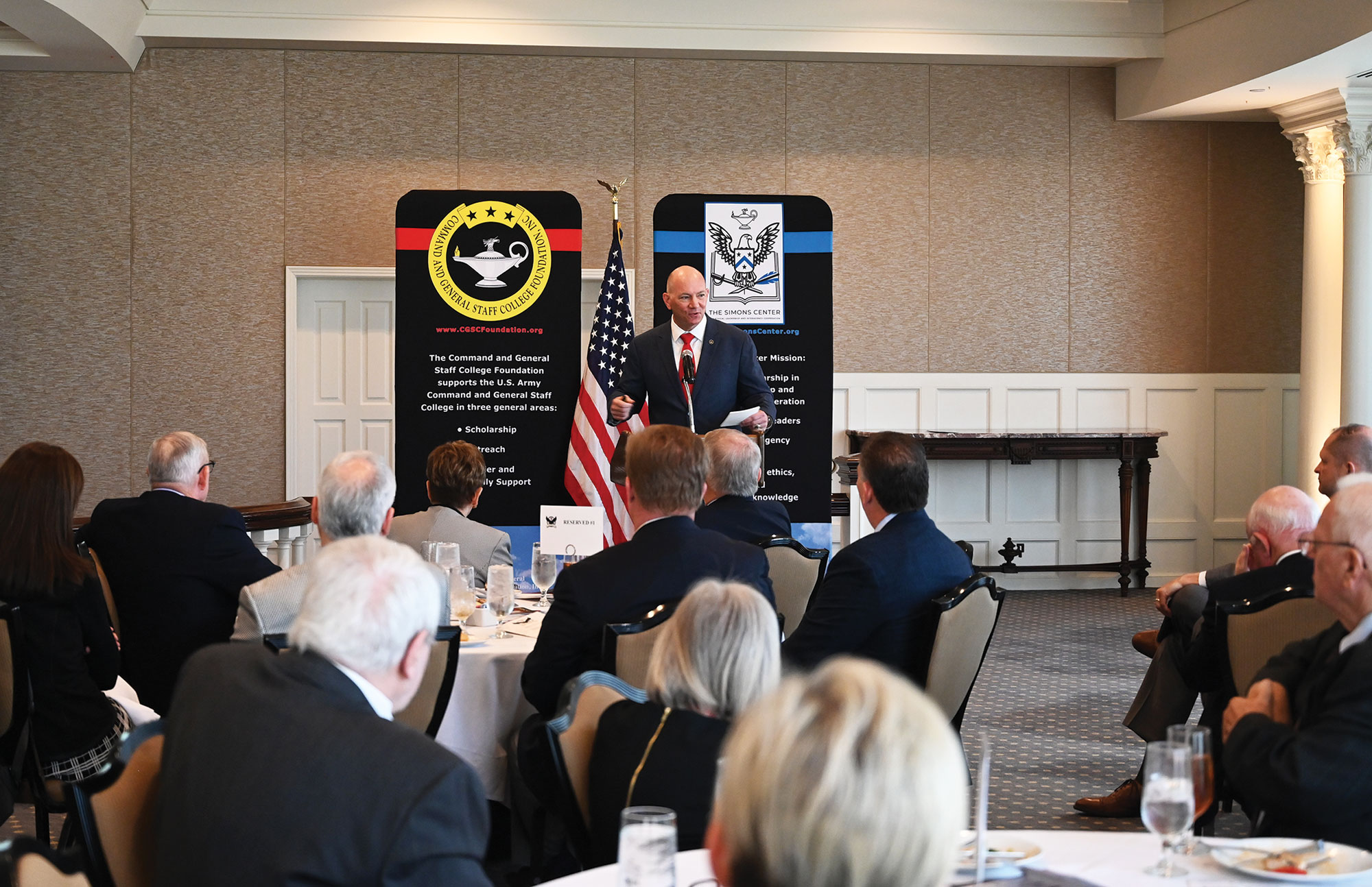 Lt. Col. (Ret.) John J. Nelson delivers his presentation on Counter Human Trafficking in the U.S. during the Arter-Rowland National Security Forum Oct. 14, 2021, at the Carriage Club in Kansas City.