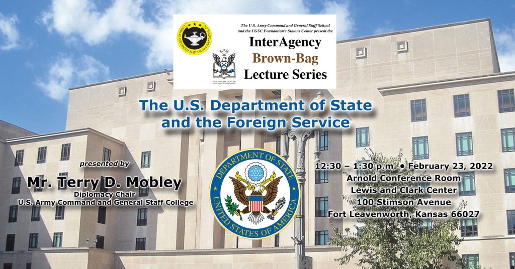 Composite image - U.S. State Department building in the background; InterAgency Brown-Bag Lecture logo at top with subject and date of upcoming lecture in text below.