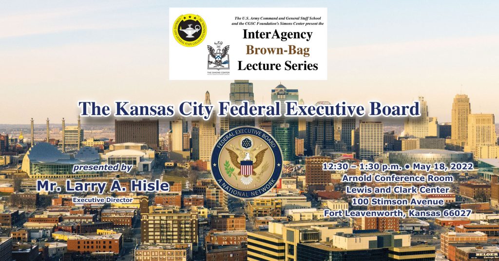 Composite image - A background photo of the Kansas City skyline overplayed with the InterAgency Brown-Bag Lecture logo at top with subject and date of upcoming lecture in text below.