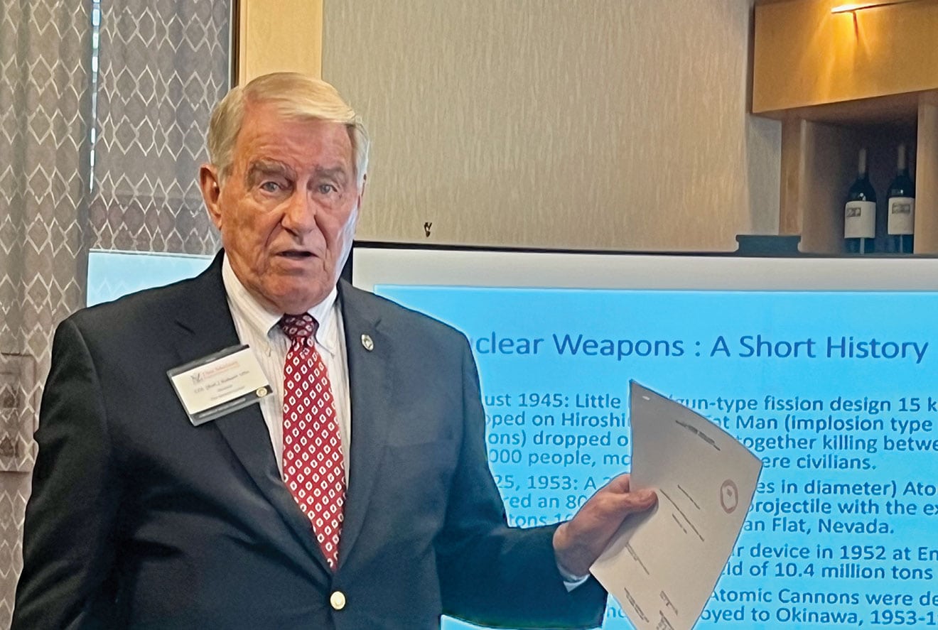Simons Center Director Col. (Ret.) Bob Ulin delivers a presentation on NATO's nuclear posture in the Cold War during a luncheon event for the Des Moines National Security Forum on July 19, 2023, at the Des Moines Embassy Club West in West Des Moines, Iowa. The DMNSF is hosted by the CGSC Foundation's Simons Center and Brownells, Inc., from Grinnel, Iowa.