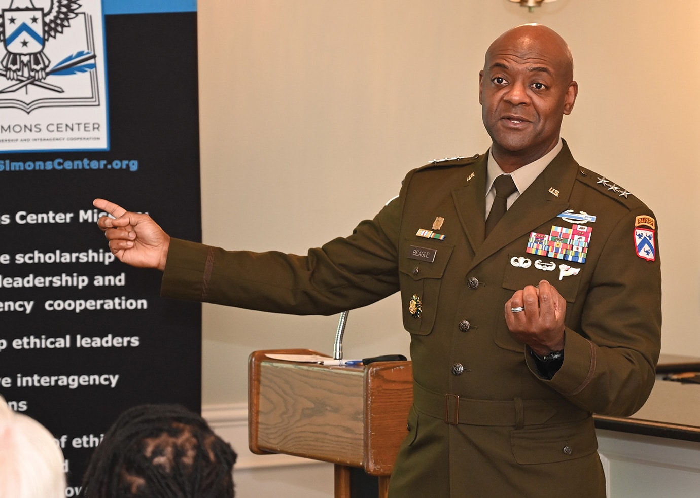 ARNSF SEP w Lt. Gen. Milford H. Beagle, Jr., commanding general of the Combined Arms Center and Fort Leavenworth, commandant of the U.S. Army Command and General Staff College, and the deputy commanding general for Combined Arms – U.S. Army Training and Doctrine Command, provides a presentation about the roles and missions of Fort Leavenworth and the Combined Arms Center during the Arter-Rowland National Security Forum luncheon event on Sept. 4, 2024, at the Carriage Club in Kansas City.