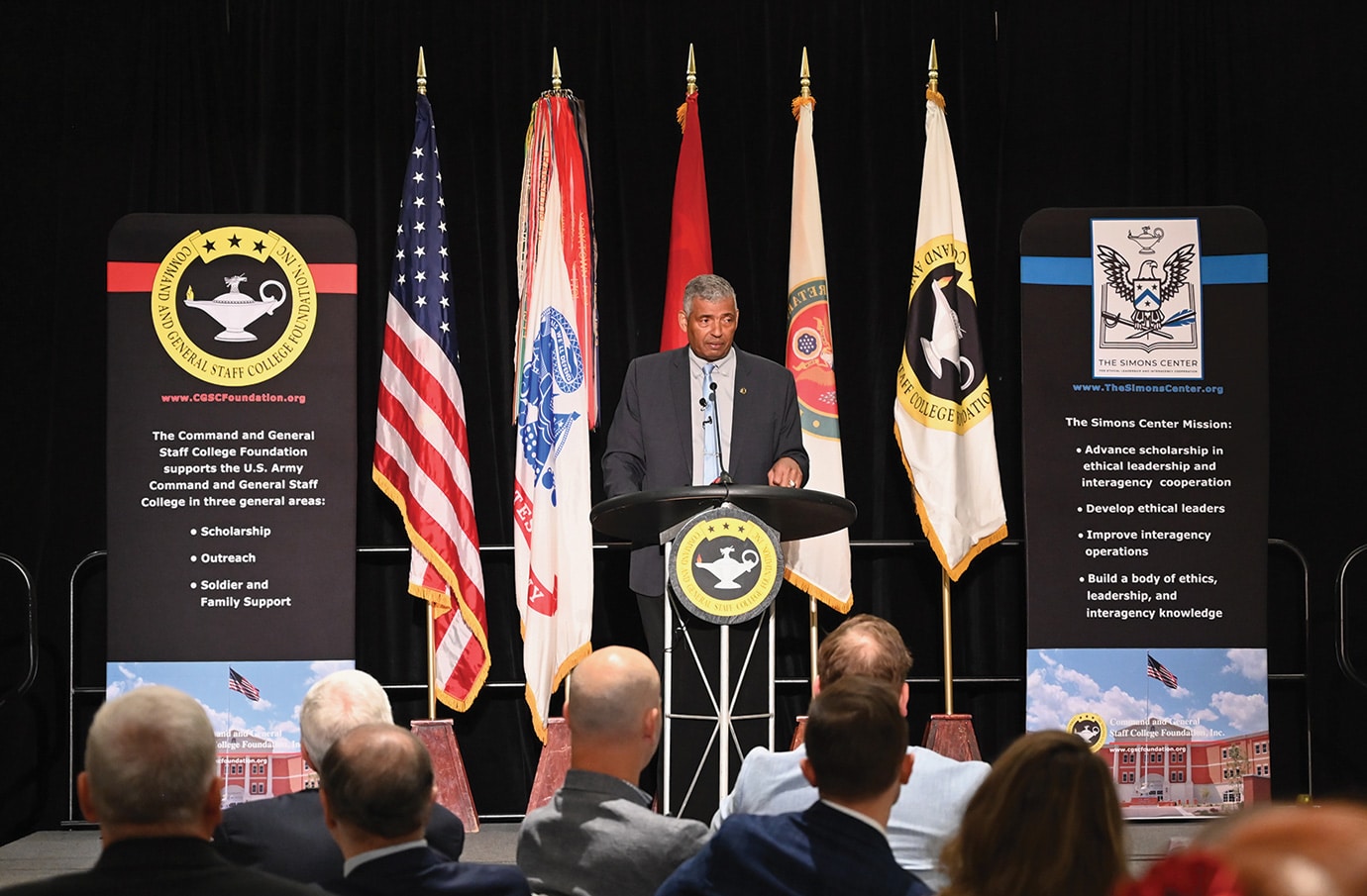 DSS Powell Lecture Dinner w Retired Gen. Vincent Brooks delivers his remarks for the assembled guests during the CGSC Foundation's Distinguished Speaker Series dinner event in downtown Kansas City Aug. 28, 2024. The CGSC Foundation, through its Simons Center, conducts the Distinguished Speaker Series program to offer extracurricular, educational lectures intended to help enrich the Command and General Staff School curriculum and provide opportunities for outreach to the public. Brooks delivered the annual Colin L. Powell Lecture Series presentation at the U.S. Army Command and General Staff College the following day.