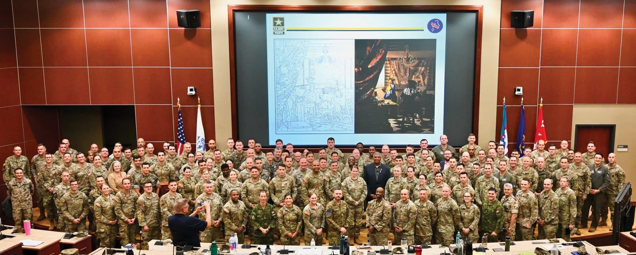 GenBrooks SAMS w After presenting the Colin L. Powell Lecture to students of the Command and General Staff Officer's Course, retired Gen. Vincent Brooks led a discussion and took a group photo with the students in the School of Advanced Military Studies Class of 2025 in Marshall Auditorium of Fort Leavenworth’s Lewis and Clark Center Aug. 29, 2024.