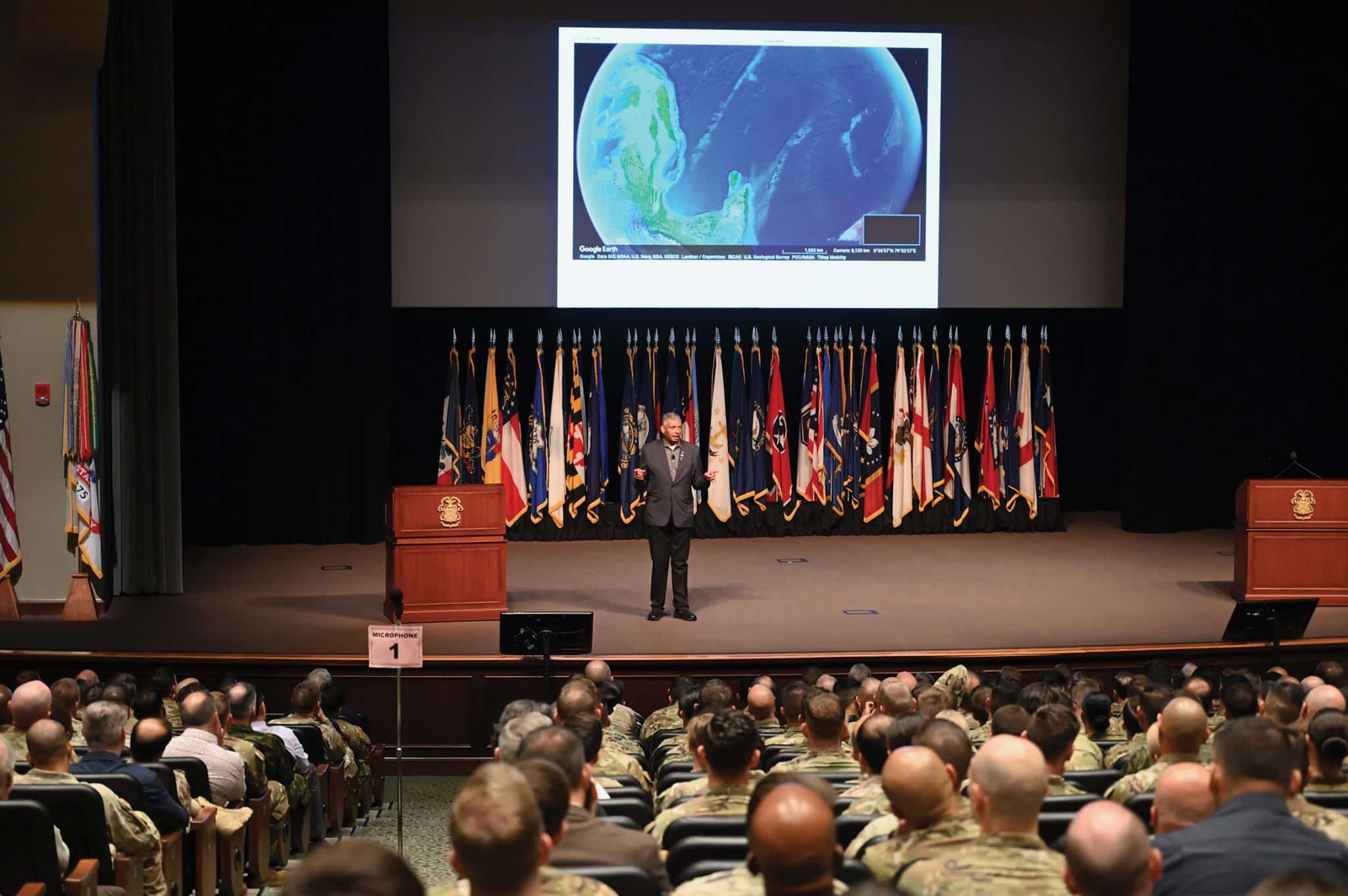 Powell Lecture w Retired Gen. Vincent Brooks delivers his remarks during the annual Colin L. Powell Lecture for students of the Command and General Staff Officers Course Class of 2025 in Eisenhower Auditorium in Fort Leavenworth’s Lewis and Clark Center Aug. 29, 2024.