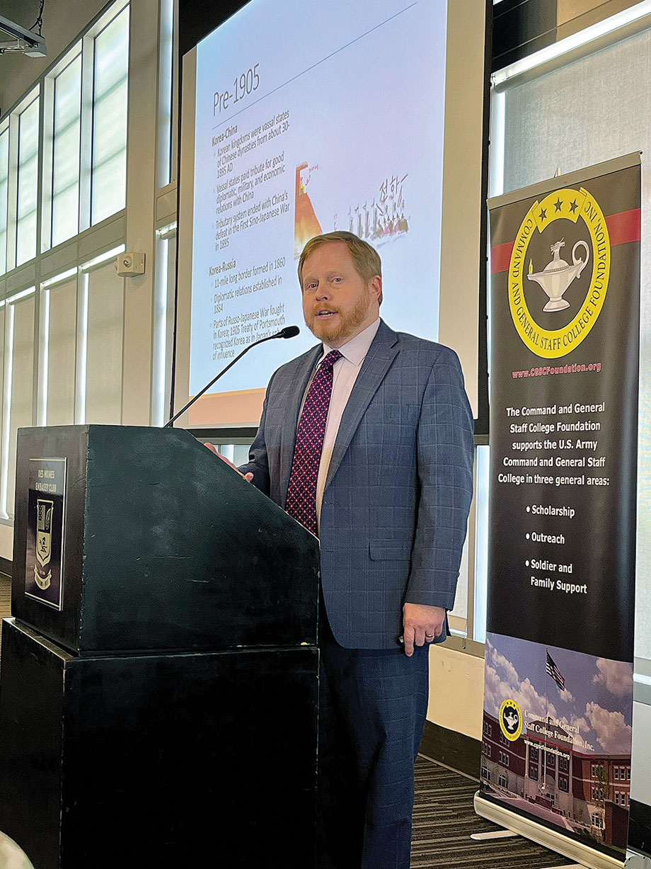 DMNSF w James E. Platte, Ph.D., an analyst with the Institute for Defense Analyses, provides a presentation entitled "North Korea-China-Russia: Emerging Axis?" during the Des Moines National Security Forum at the Des Moines Embassy Club West in West Des Moines, Iowa on Nov. 6, 2024.