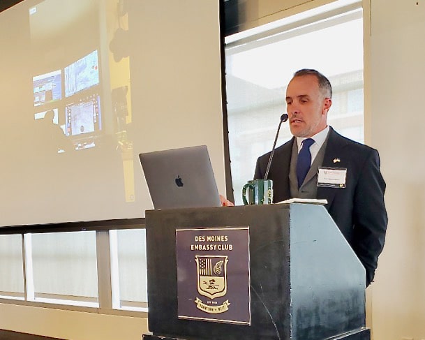 DMNSF w Paul Schwennesen, Ph.D., defense analyst, provides a presentation entitled "Ukraine’s Fight — and What We Can Learn" during the Des Moines National Security Forum at the Des Moines Embassy Club West in West Des Moines, Iowa on April 3, 2025.