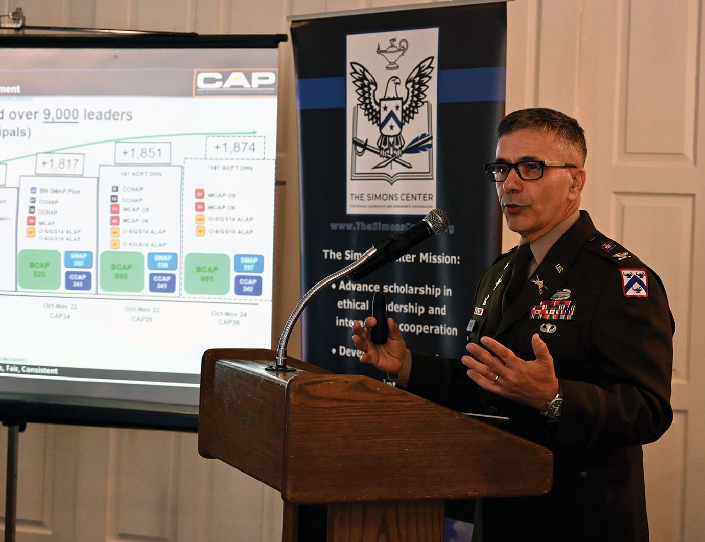ARNSF MAR w Col. Andy Morgado, director of Army University Press at Fort Leavenworth, Kansas, provides a presentation on the Army Command Assessment Program during the Arter-Rowland National Security Forum luncheon event on May 15, 2025, at the Carriage Club in Kansas City.