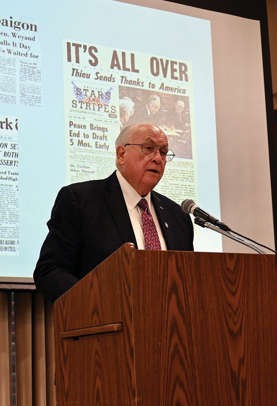 DSS w Dr. James H. Willbanks, professor emeritus of the U.S. Army Command and General Staff College, delivers a lecture on the fall of South Vietnam during the Distinguished Speaker Series event hosted by the CGSC Foundation and its Simons Center at the Riverfront Community Center in downtown Leavenworth, Kansas on May 8, 2025.