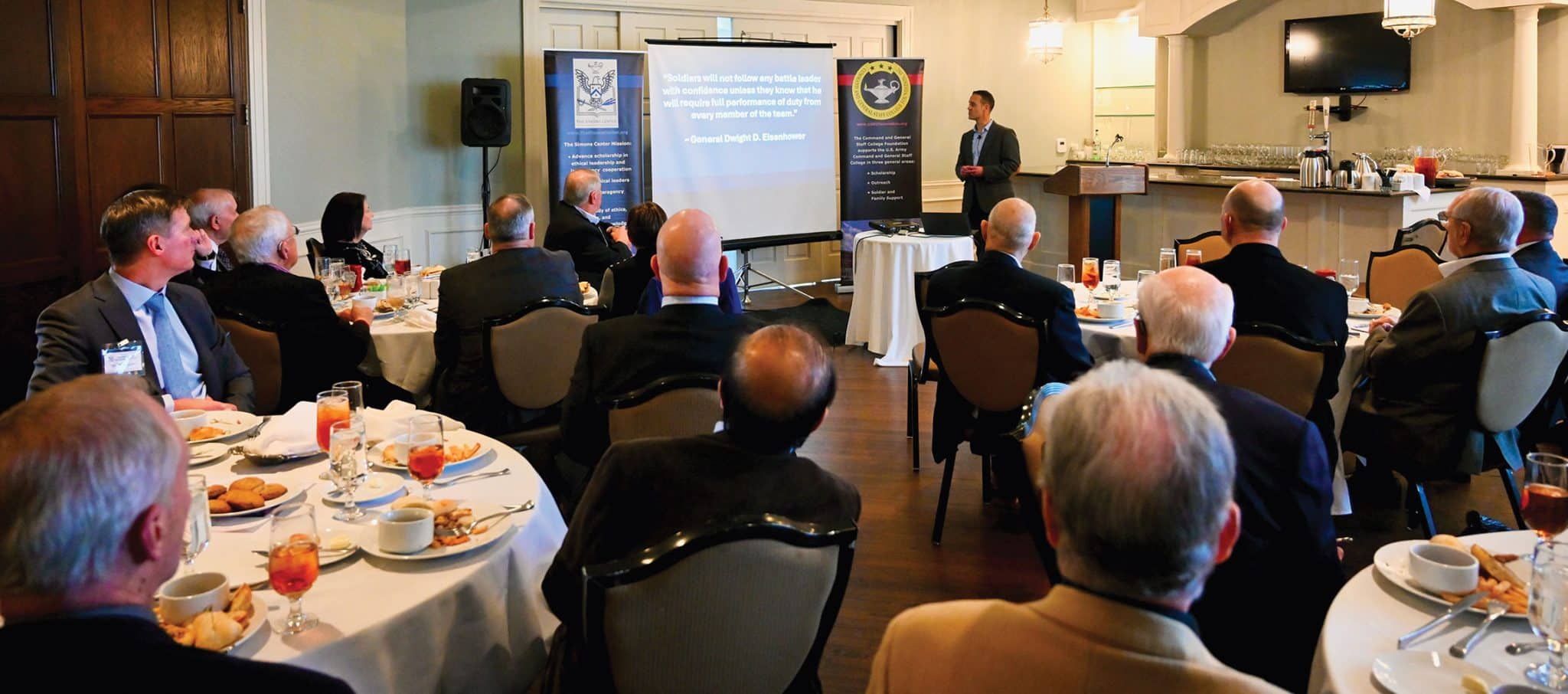 ARNSF JAN w Col. Andrew Steadman, director of the Army University Press at Fort Leavenworth, Kansas, conducts a presentation and discussion about ethical leadership during the Arter-Rowland National Security Forum luncheon event at the Carriage Club in Kansas City on Jan. 15, 2026.