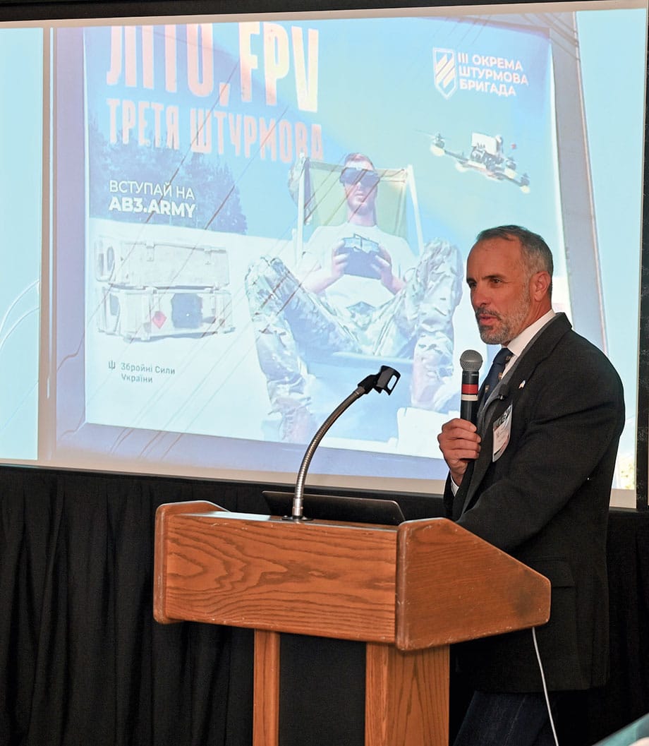 ARNSF FEB w Military affairs analyst Paul Schwennesen, Ph.D., conducts a presentation and discussion about the Ukraine War during the Arter-Rowland National Security Forum luncheon event at the Carriage Club in Kansas City on Feb. 19, 2026.