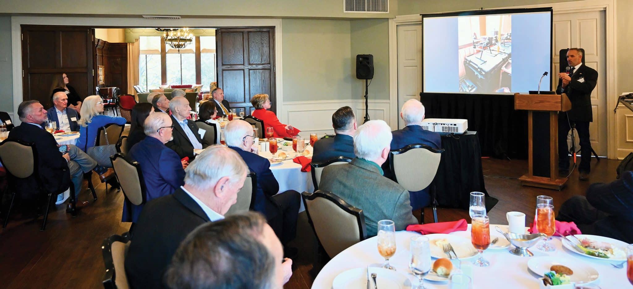 ARNSF FEB w Military affairs analyst Paul Schwennesen, Ph.D., conducts a presentation and discussion about the Ukraine War during the Arter-Rowland National Security Forum luncheon event at the Carriage Club in Kansas City on Feb. 19, 2026.