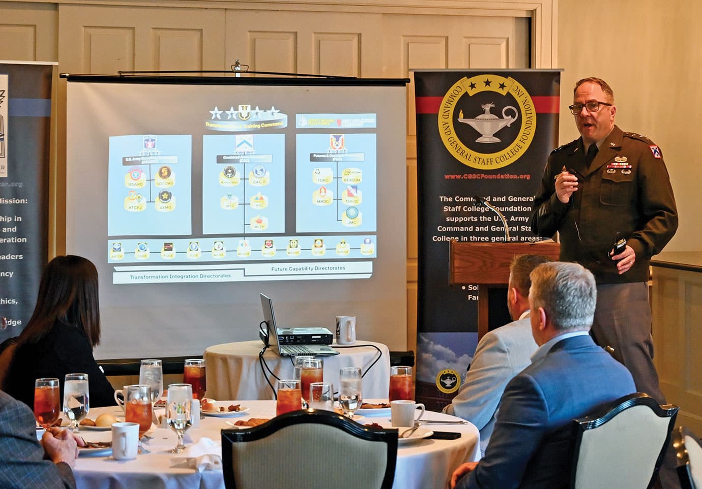 ARNSF MAR w Lt. Gen. Jim Isenhower, commanding general of the U.S. Army Combined Arms Command and Fort Leavenworth, conducts a presentation and discussion about the Army's Transformation Initiative during the Arter-Rowland National Security Forum luncheon event at the Carriage Club in Kansas City on March 19, 2026.