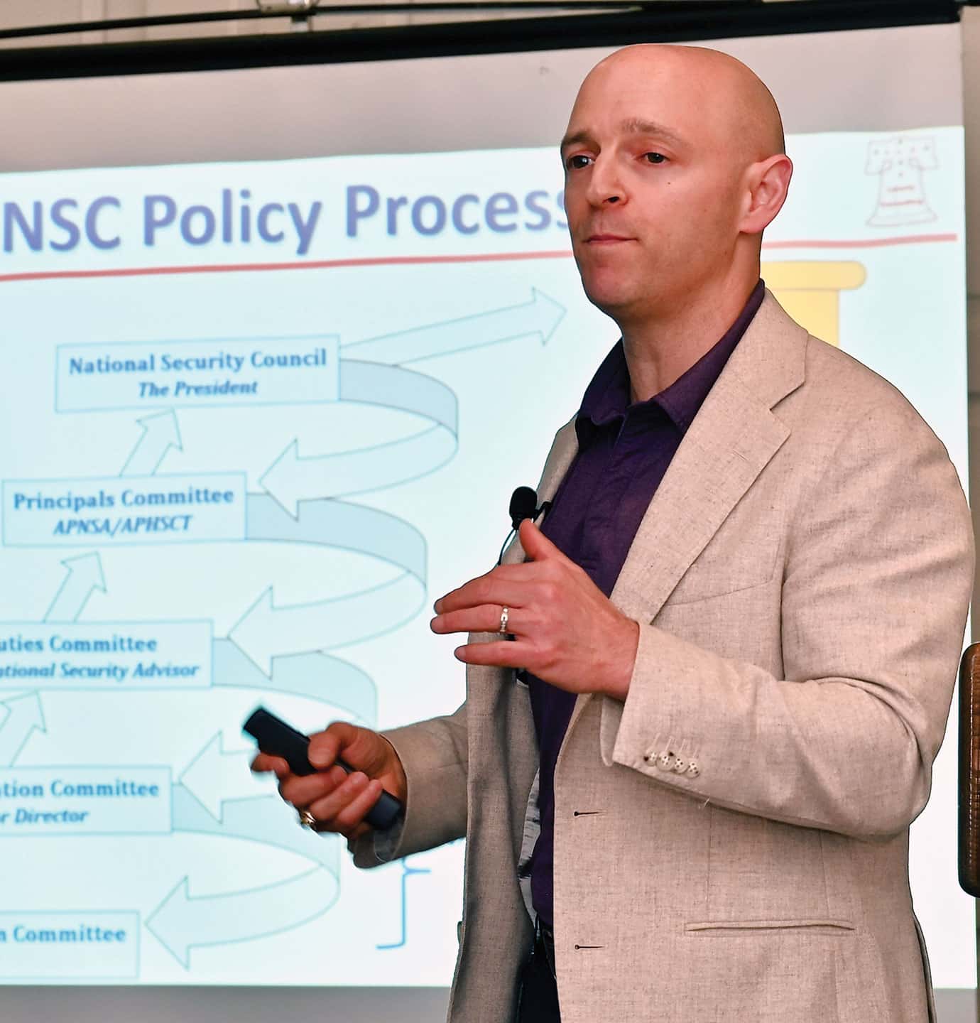 ARNSF w Jason J. Galui, director of the Endicott Center for Civic Participation, conducts a presentation and discussion about presidential decision making during the Arter-Rowland National Security Forum luncheon event at the Carriage Club in Kansas City on May 21, 2026.