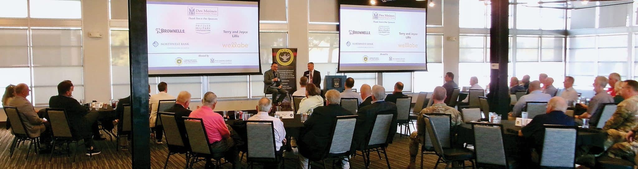 DMNSF w David Oakley, Ph.D., left, academic director at the University of South Florida’s Global and National Security Institute, and Simons Center Director Todd Schmidt discuss U.S. foreign relations during the Des Moines National Security Forum at the Des Moines Embassy Club West in West Des Moines, Iowa on Oct. 7, 2026.